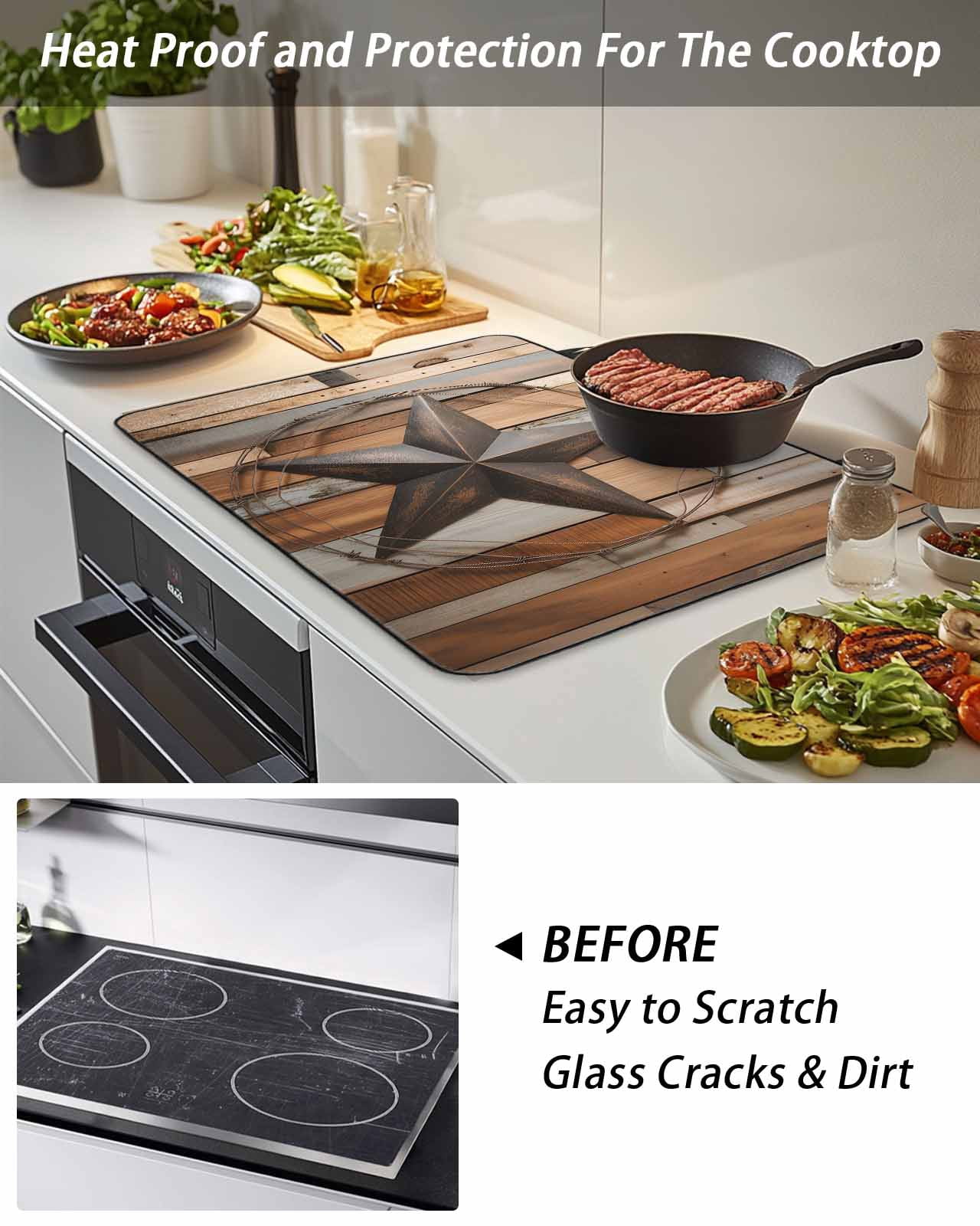 Stove Top Covers for Electric Stove, Country Star Brown Glass Stovetop Cover Protector, Western Texas Vintage Farmhouse Wooden Induction Cooktop Protector Oven Mat for Kitchen Countertop 24"x21"