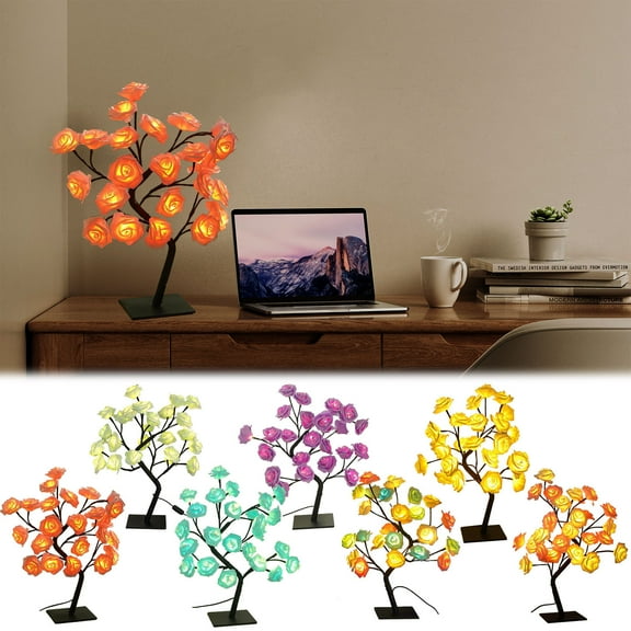 Moocorvic Rose Tree Lamp, 19.6Inches USB LED Rose Table Lamp Valentine's Day Gifts Lighted Tabletop Tree for Wedding Decor(