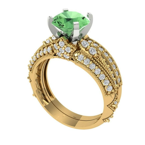 1.99 ct Brilliant Round Cut Green Zircon 18K Yellow/White Gold Solitaire with Accents Engagement Bridal Wedding Ring Band Set size 3.5