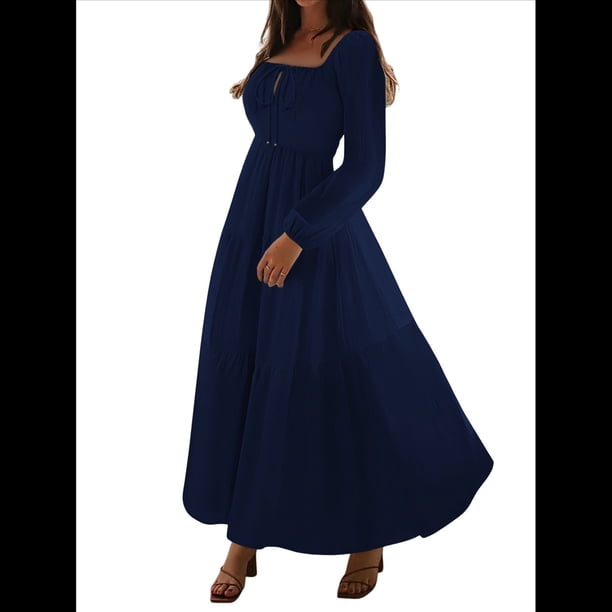 Vestido Bohemio Informal para Mujer, Estilo Resort, con Escote en U, Mangas Abullonadas y Corte A Azul Marino XL