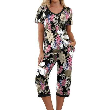 

Womens Pajamas Set Short Sleeve V Neck Top with Capri Pants with Pockets Casual Sleepwear Pjs Loungewear Sets S-XXL