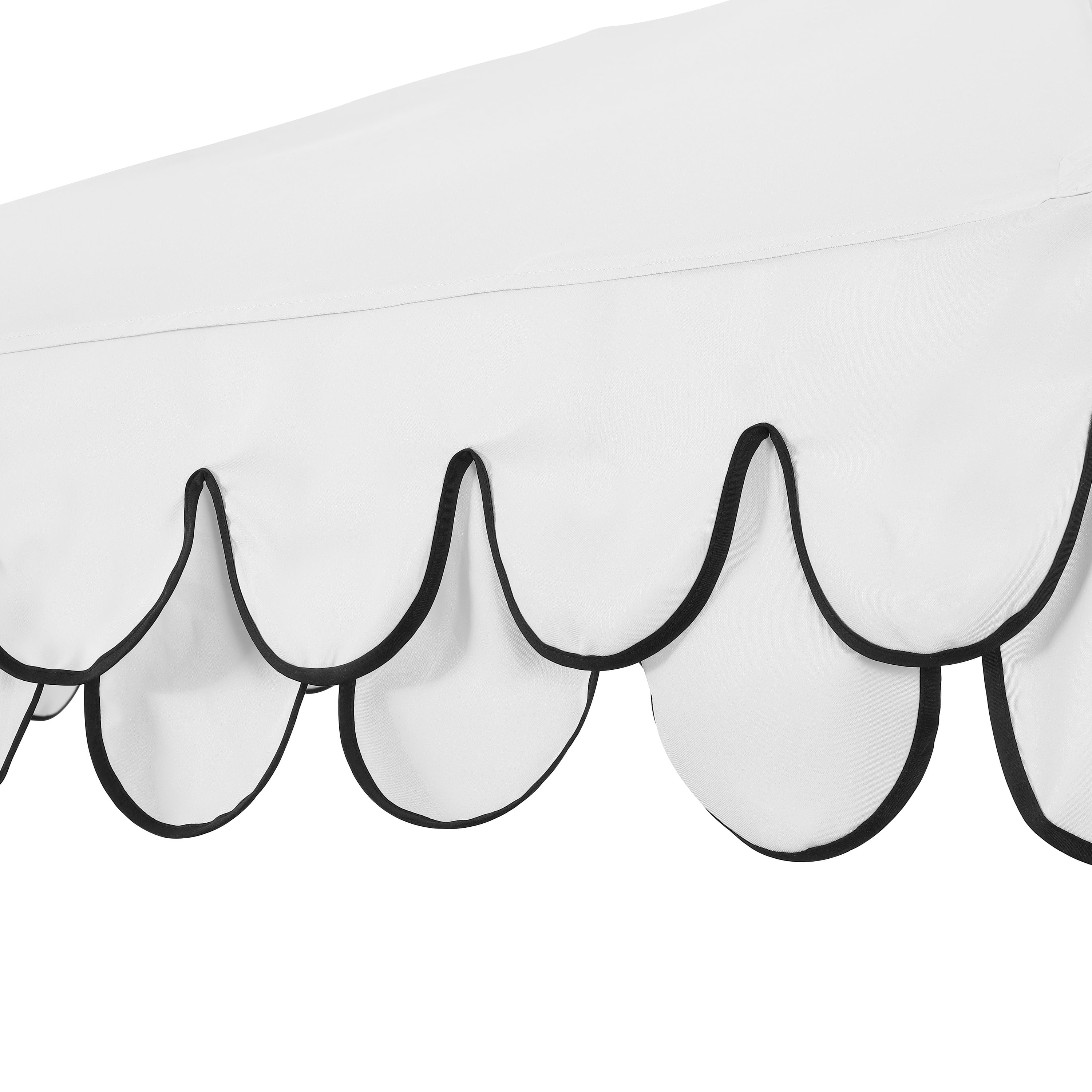 JONATHAN Y Tracy 9 ft. Market Patio Umbrella, Classic Mid-Century Scalloped Fringe, with Auto-Tilt Crank, Wind Vent and UV Protection, White/Black, White Pole