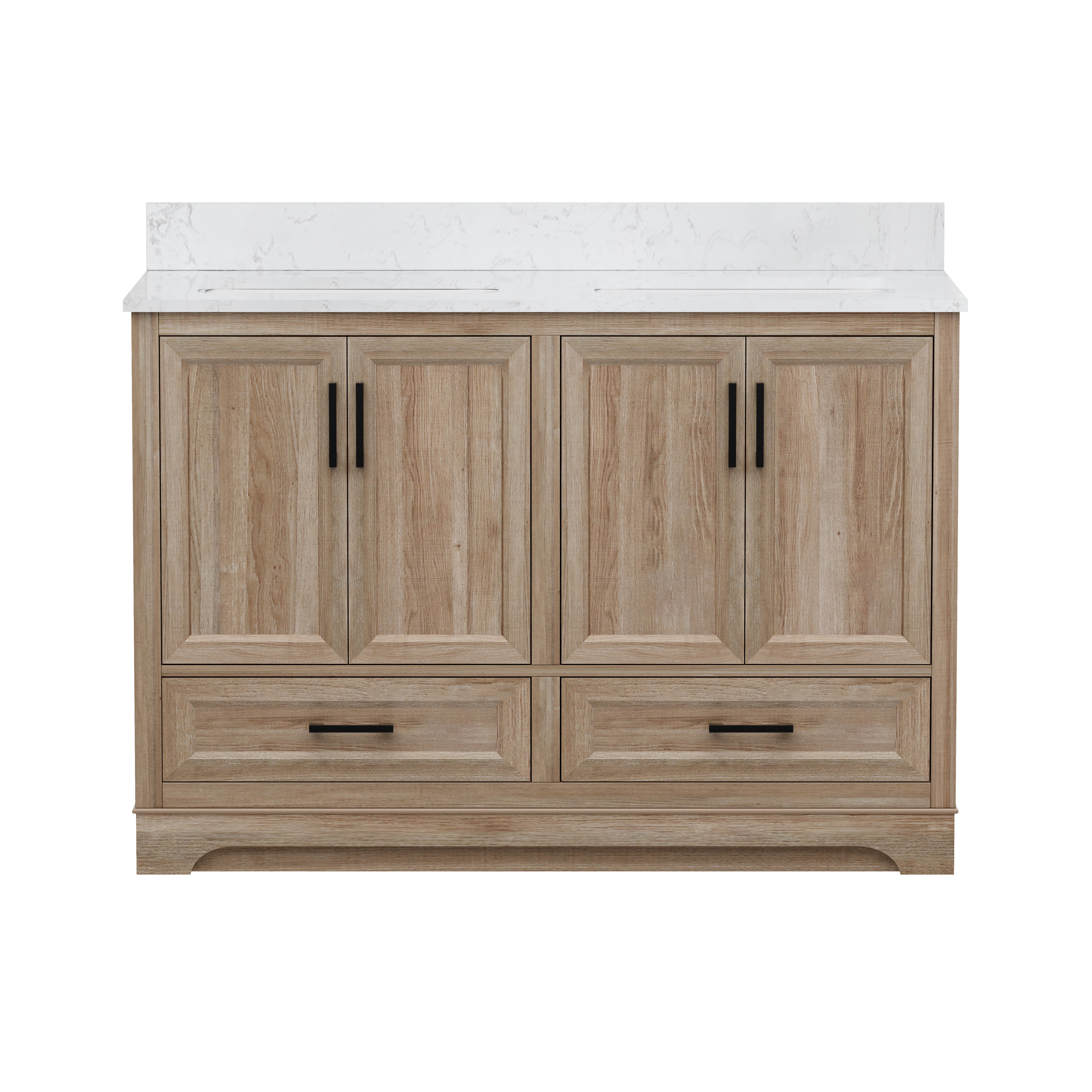 Retford 48" Double Bathroom Vanity, 49" W x 22" D x 34.5" H, Carrara White Engineered Marble Top with 2 Sinks & Backsplash, Light Wood, MDF, Pre-Assembled, Soft-Closing Drawers and Doors.