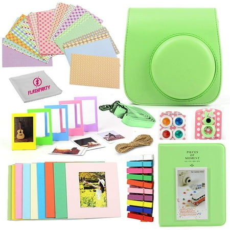 Camera Case for Fuji instax Mini 9 and Mini 8 Instant Camera + 40 Assorted Border Stickers + Colorful Picture Frames + Photo Album + Selfie Mirror + 4 Color Filters + More Accessories. (Lime Green)