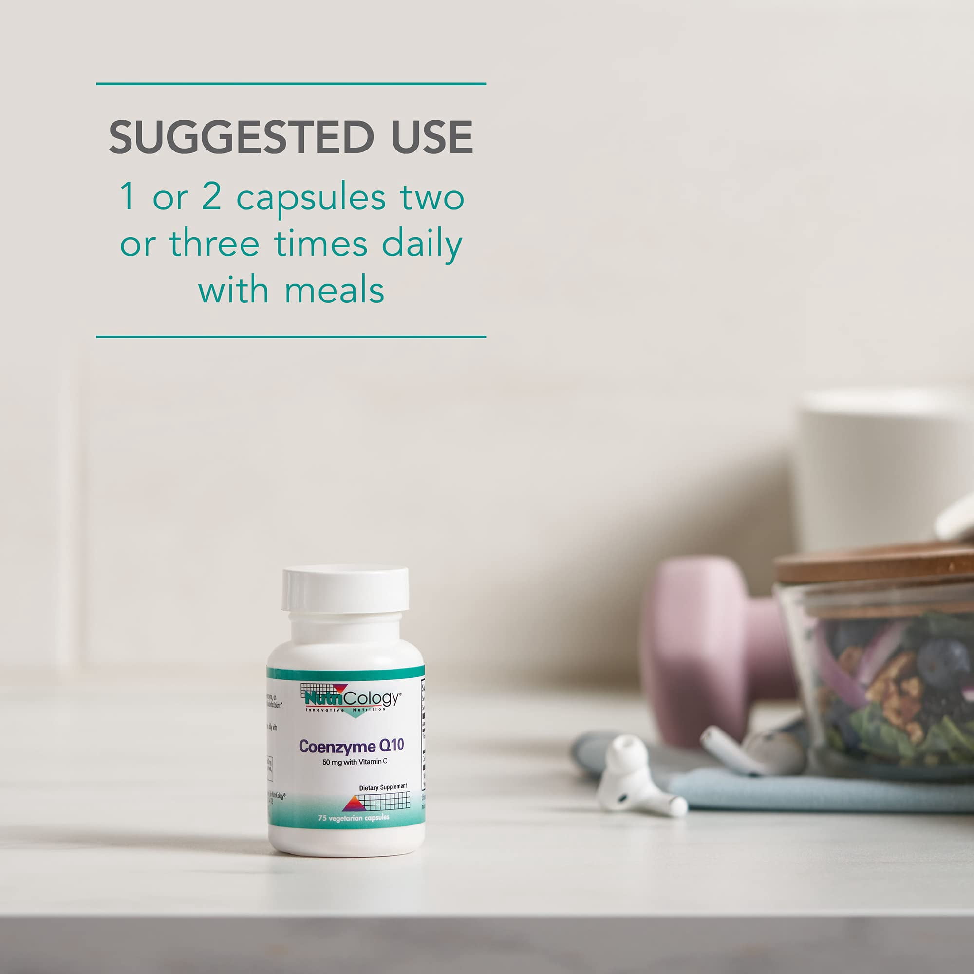 NutriCology Coenzyme Q10 - Delivers 50 mg CoQ10 with Vitamin C - Supports Cellular Energy Production, Antioxidant Activity & Heart Wellness - 37 Servings - 75 Vegetarian Capsules