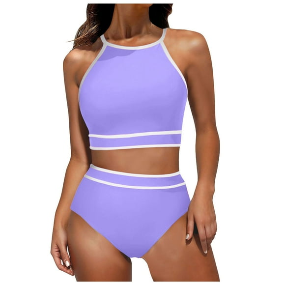 TechWave plus Size Guard Shorts Swimsuits for Women Set Women's Neck Top High Waisted Bikini Set Sport Color Matching Swimsuit Two Piece Set