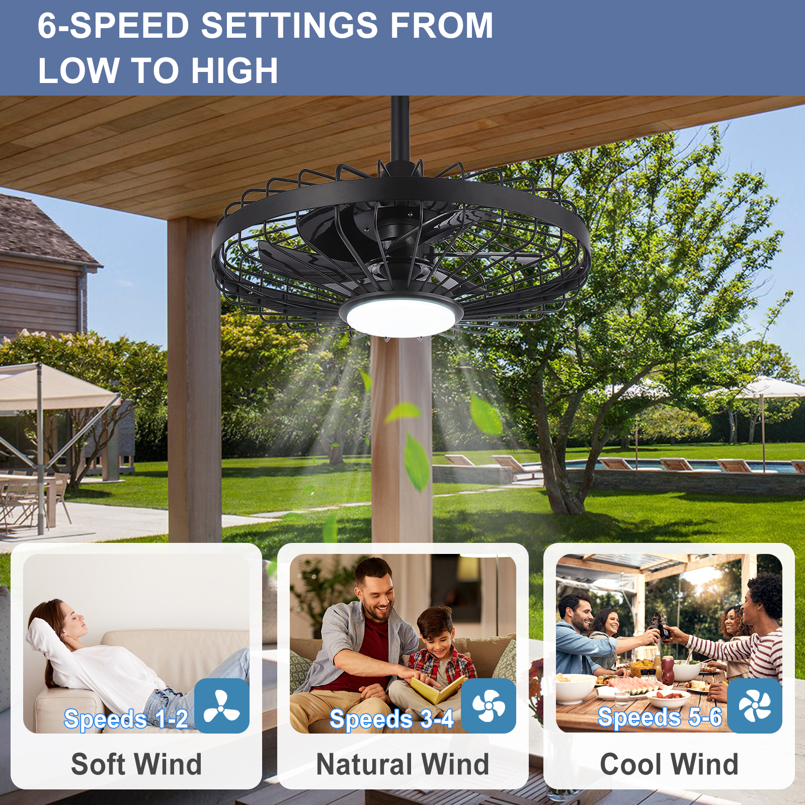 Depuley 20" Waterproof Outdoor Ceiling Fan with Light - IP44 Plug-in, Remote/App Control, 6-Speed Black for Gazebo, Patio, Pergola
