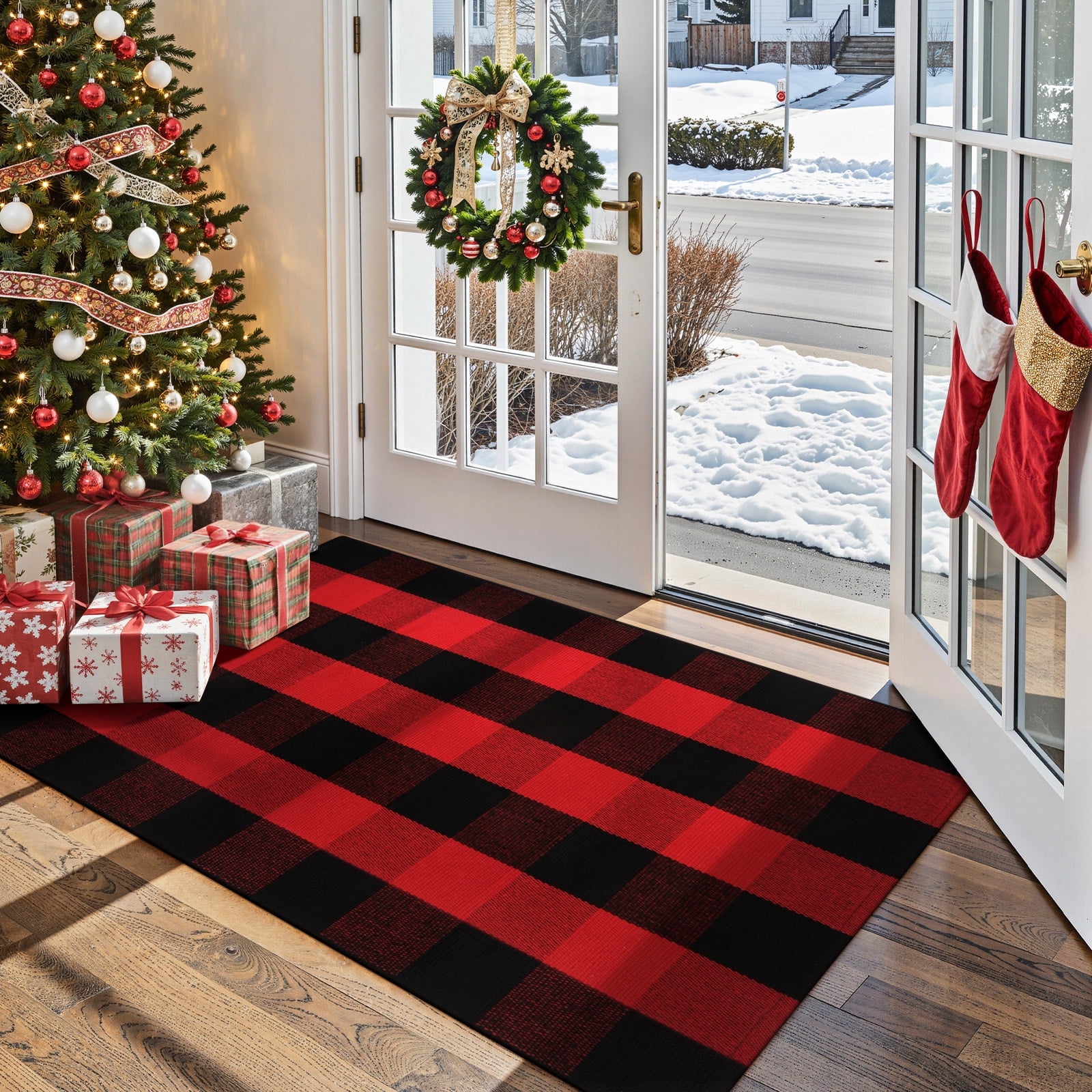 RUG ROBOT Christmas Buffalo Plaid Area Rugs for Entryway 3x5, Cotton Indoor Outdoor Front Door Mat,Washable Checkered Farmhouse Kitchen Red and Black Xmas decor Rugs