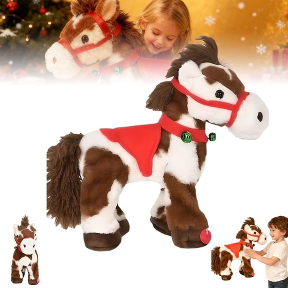 Yippzo Spotted Electric Plushie Horse, Spotted Animated Horse, Interactive Dancing Pony with Red Saddle Green Jingle, Realistic Stuffed Animals