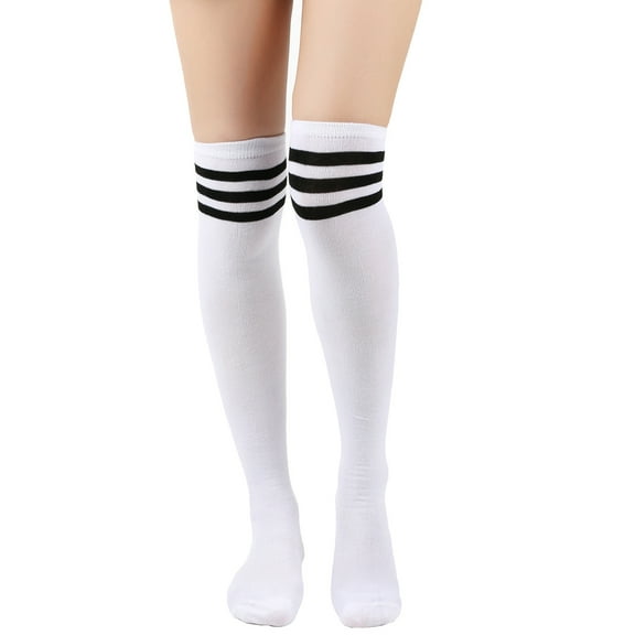 suxuMhao Knee High Socks, One Size Fits Most (Length 24in) White&Black Polyester Stripes Long Socks, 3 Pairs Knee Socks – Suitable for Cheerleading team,Fall Daily Warmth & Outfit Matching​
