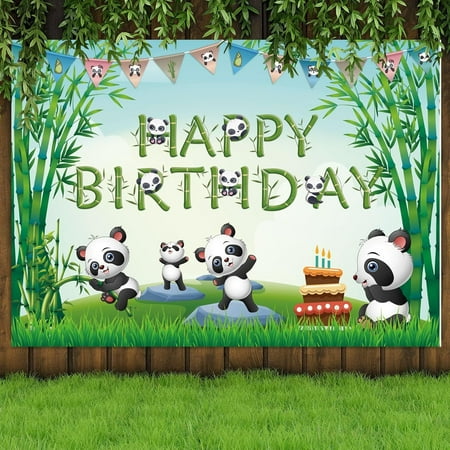 Cartoon Panda Happy Birthday Backdrop Green Bamboo Panda Theme Baby Shower Photo Banner Children Newborn Birthday Party Decorations Cake Table Deco Supplies