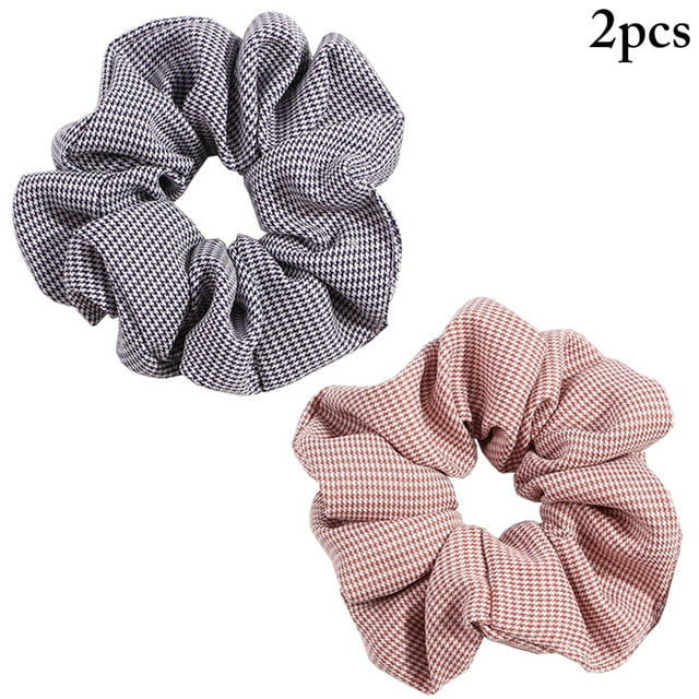 2PCS Dot Scrunchie Fashion Checked Houndstooth Stripe Hair Tie Ponytail Holder