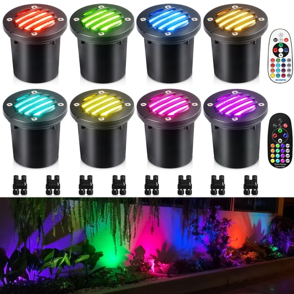 SUNVIE Christmas RGBW Well Lights Low Voltage Landscape LED In Ground Color Changing Outdoor Lighting, 8 pack