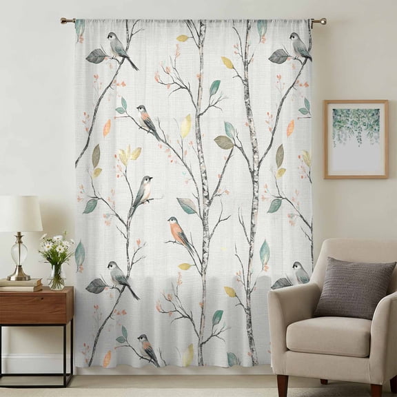 Vintage Botanical Sheer Curtains 45 Inches Long, Birds Branch Watercolor Leaf Light Filering Curtains, Breathable Simi Curtain Privacy Drapes for Kitchen Bathroom Lightweight Small Window Treatment