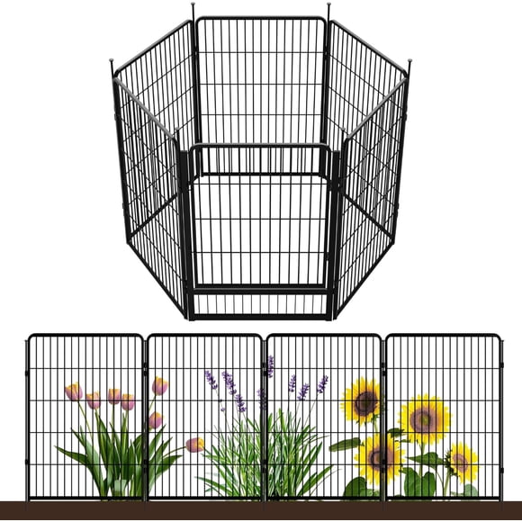 Tall Garden Fence with Gate, 40 in(H) x 13.4 ft(L) 6 Panels Heavy Duty Metal Animal Barrier Fence for Yard, Suitable For Indoor or Outdoor Dog Pet Fence, Garden Fence Border, Black
