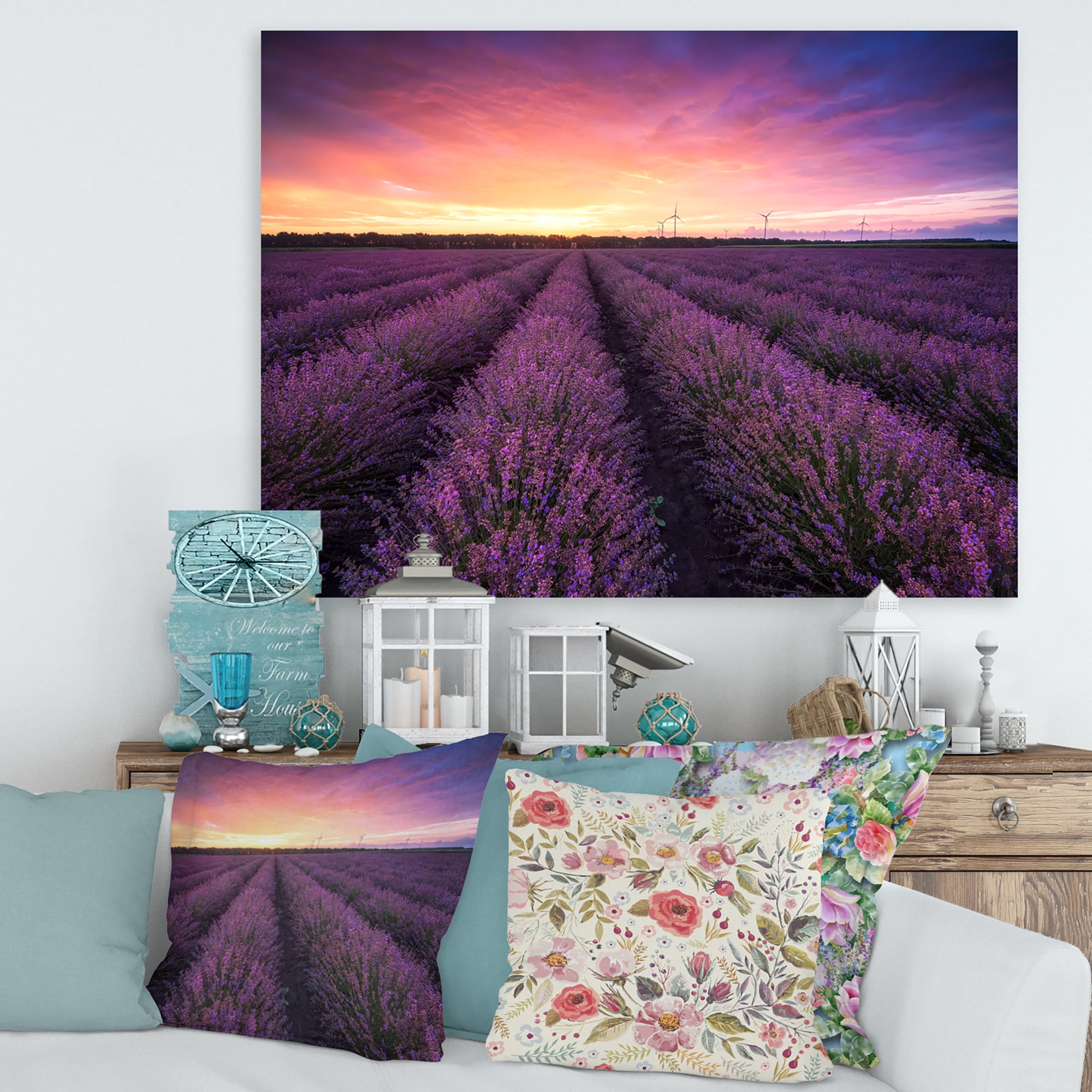 Designart ' Dramatic Clouds and Sunrise Over Lavender Field XIII ' Farmhouse Canvas Wall Art Print