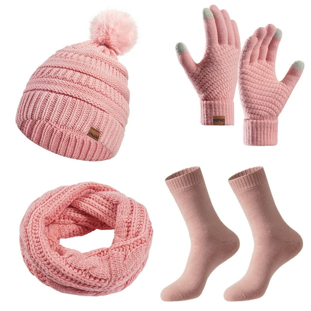 Pink Pink Knitted Winter Set Including Four Essential Items For Complete Cold Weather Protection And Fashionable Seasonal Wear