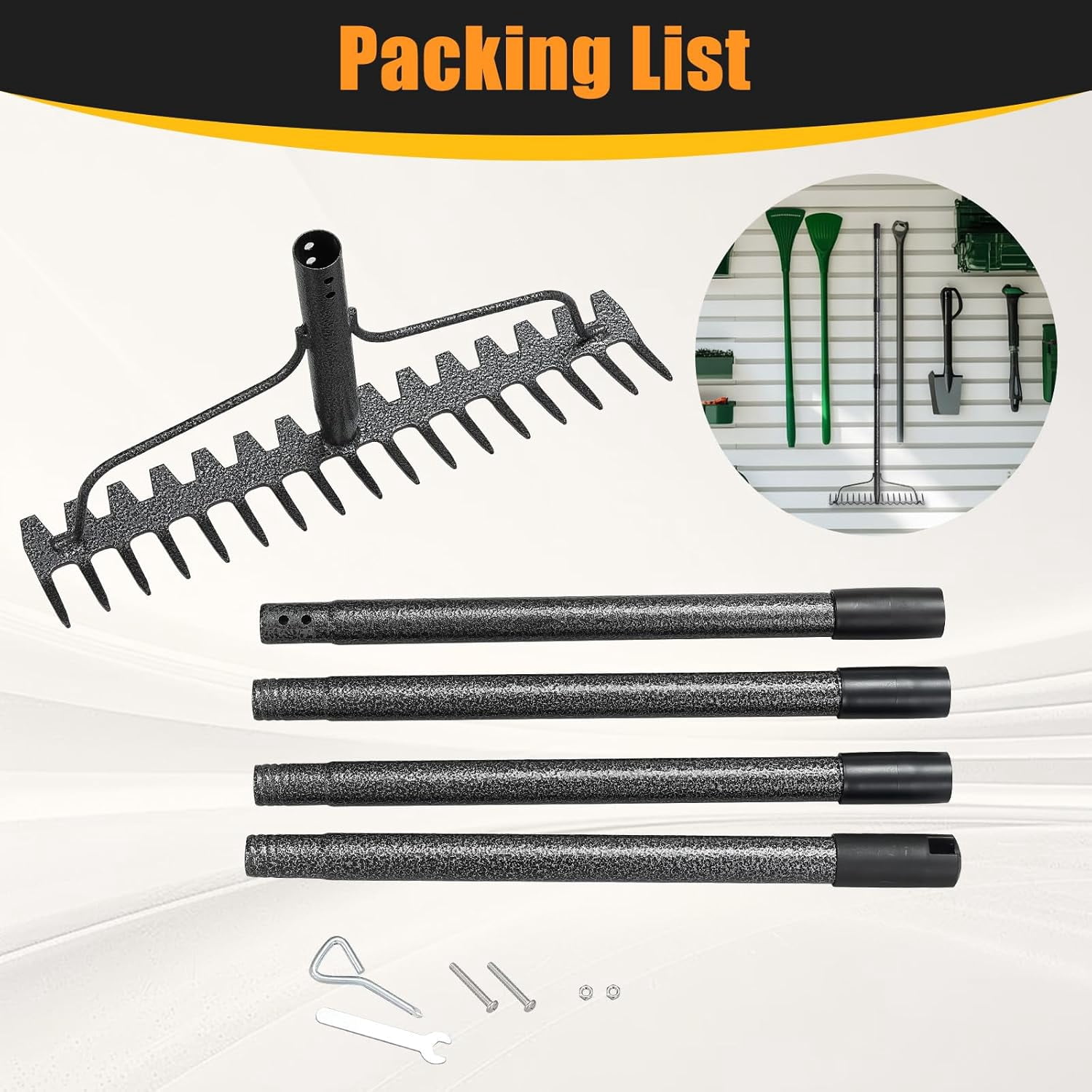 Garden Rake, 63 inch Long Handle with 17 Tongs, Heavy Duty Metal Rake for Loosening Leveling Soil, Grass, Wedding