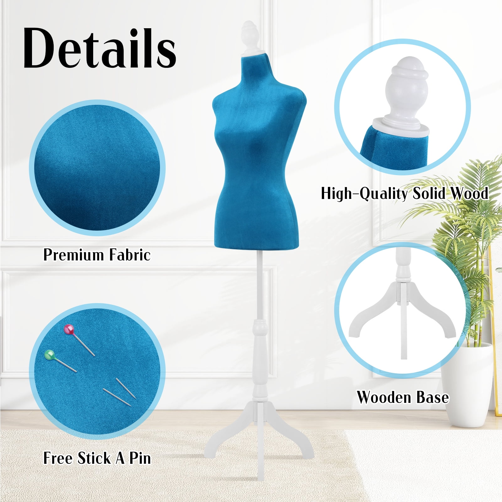 Dkelincs Female Mannequin Torso with Wooden Tripod Stand, 49.6"-63.4" H Adjustable Model Dress Form Manikin for Display, Blue