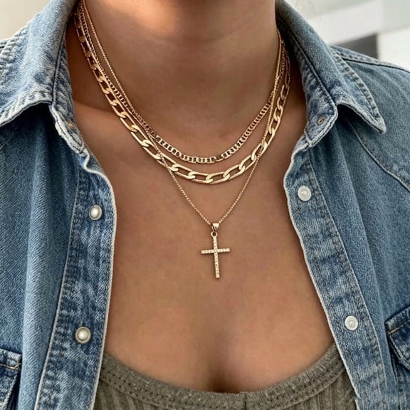 Cross Necklace for Women,Stackable Layered Necklaces Dainty Gold Necklace Flat Mariner Paperclip Box Chain Necklace Cross Pendant CZ Diamond Simple Jewelry Gift