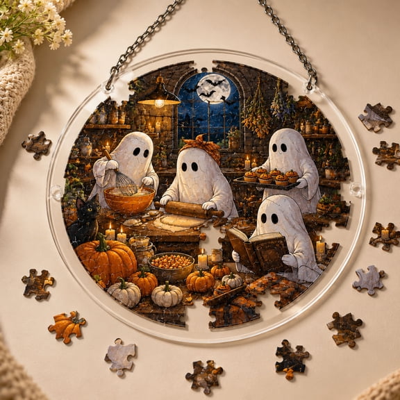 Halloween Indoor Decorations Acrylic Jigsaw Puzzle Suncatcher, Stained Glass Suncatcher, Wall Window Hanging Decor for Home Garden Office Gift