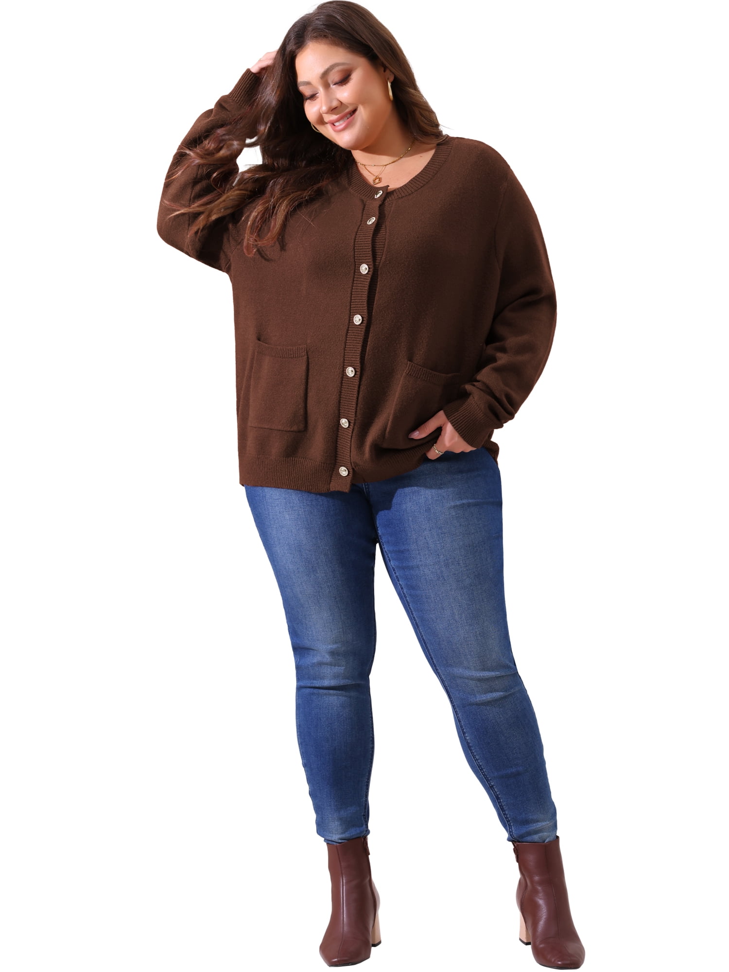 DARING DIVA Women's Plus Size Button Down Crew Neck Cardigan Sweater 3X Dark Brown