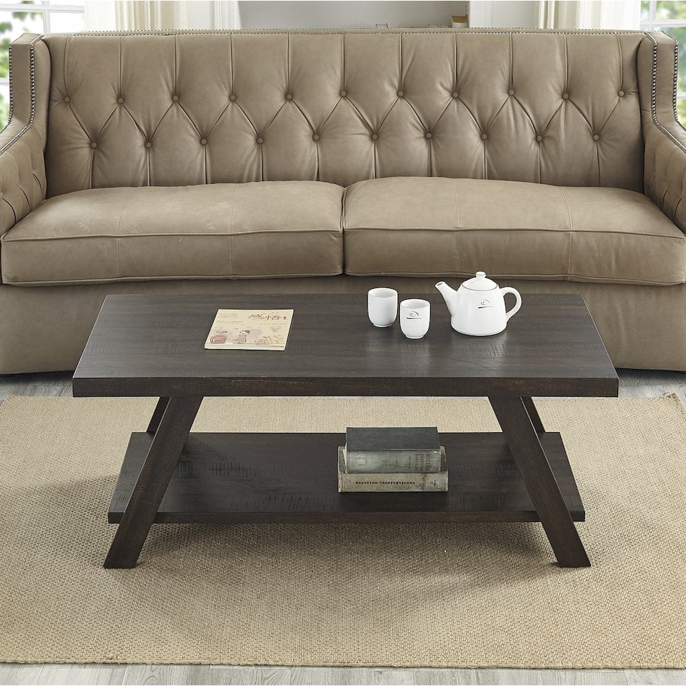Roundhill Furniture Athens Wood Coffee Table with Shelf Weathered Espresso