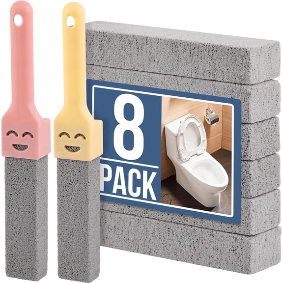 Square 8Pcs Pumice Stone Scouring Sticks with 2 Handles - Heavy-Duty Hard Water Stain & Limescale Remover for Toilets, Bathrooms & Multi-Surfaces