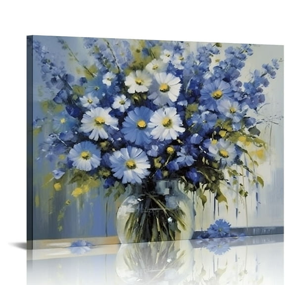 ONETECH Blue and White Flower Wall Art, Fresh Flowers in vase Canvas Print Nature Scenery Wall Art for Living Room Bedroom Wall Painting Decoration Modern Artwork