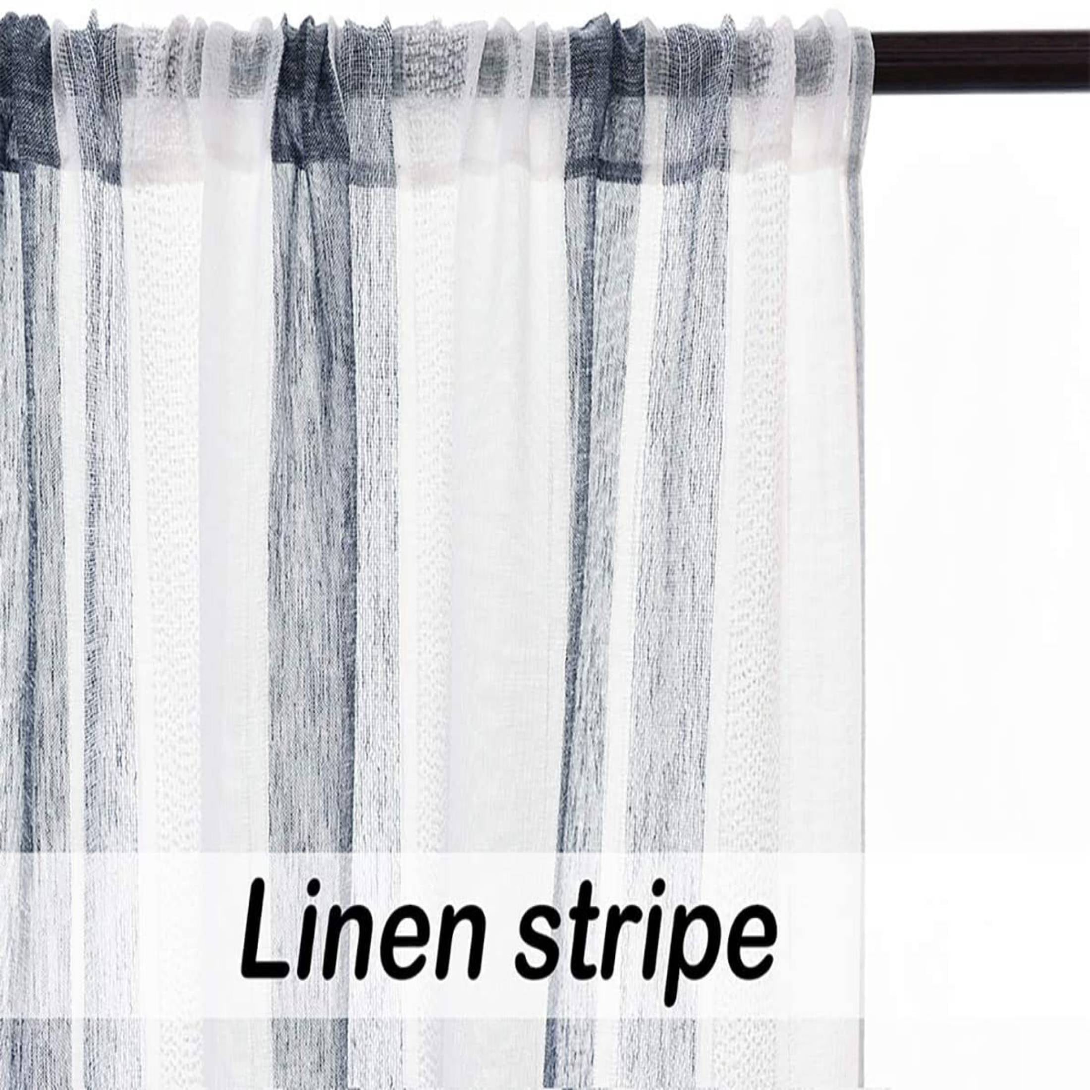 Uptown Home Semi Sheer Stripe Rustic Window Curtain Panels Provide Privacy for Bedroom Living Room Linen Rod Pocket Drapes, 50"x 95"x2, Navy Blue and White