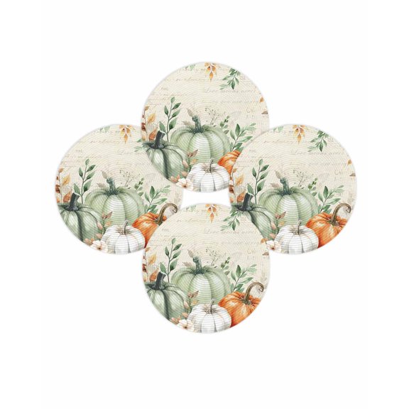 Fall Round Placemats Set of 4 Sage Green Pumpkin Place Mats Thanksgiving Woven Placemat Floral Autumn Eucalyptus Leaves Circle Braided Table Mat for Kitchen Dining Table Party Home Decor 15 Inch