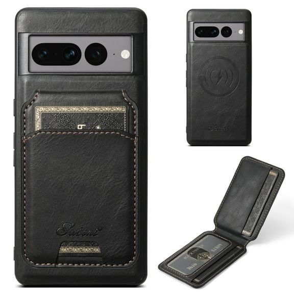 Feishell for Google Pixel 7 Pro Case with Detachable Card Pocket,Shockproof Premium PU Leather Cover Compatible with MagSafe,Credit Card Slots Kickstand Magnetic Car Mount Phone Case - Black