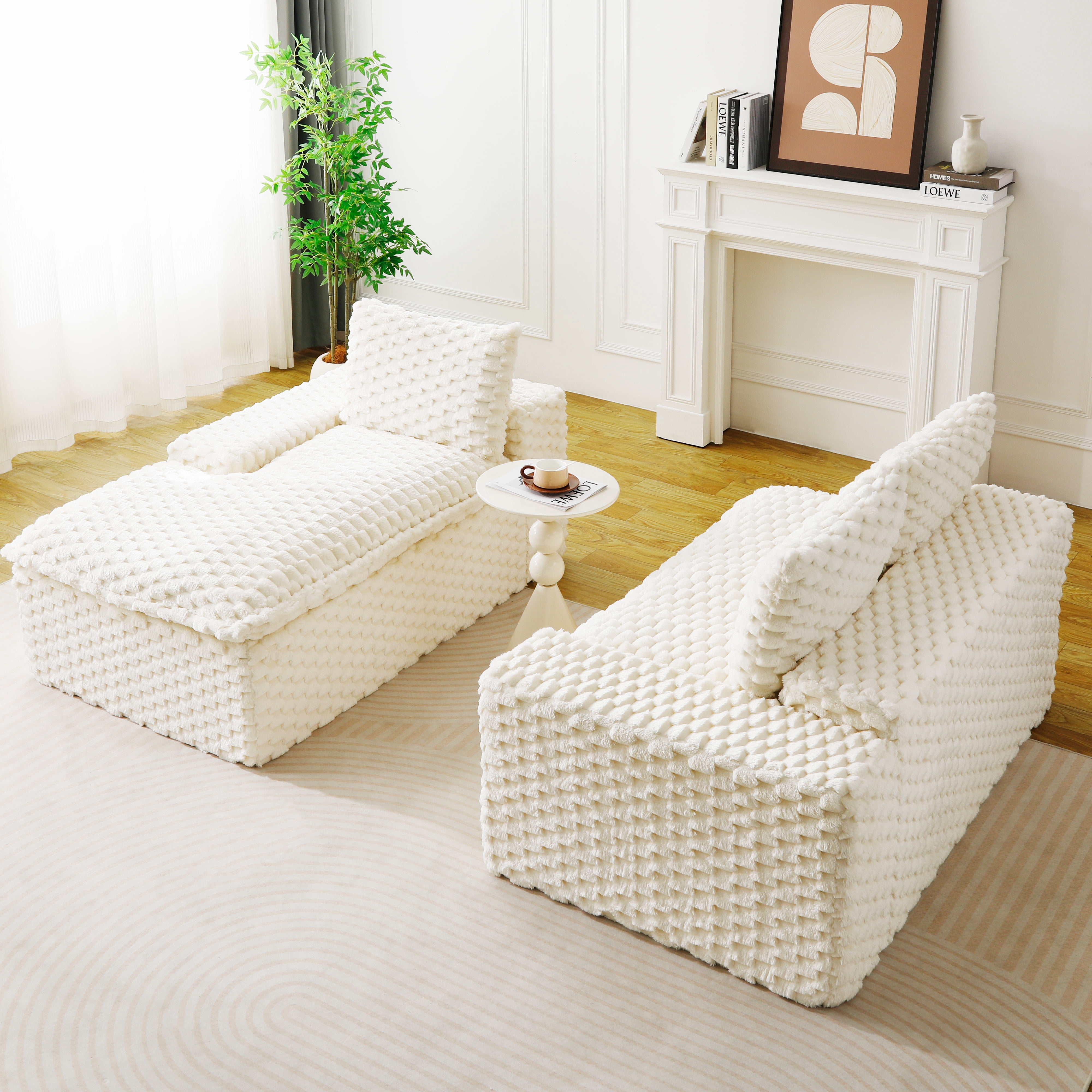 HOQBN 96"W Modular Sectional Sofa,L Shape Modern Corduroy Cloud Couch,Upholstered Deep Seat Boneless Sofa Couch with Left Chaise Lounge for Living Rooms,No Assembly Required,White