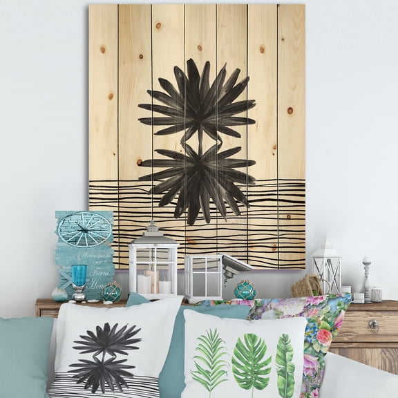 Designart 'Black and White Striped Under Tropical Leaf II' Modern Print on Natural Pine Wood