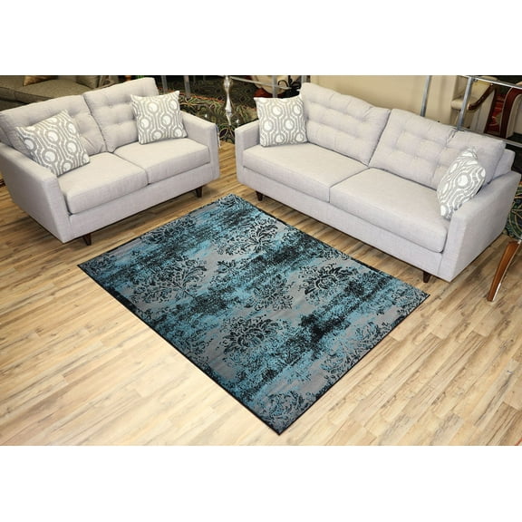 Studio Collection Vintage French Damask Design Contemporary Modern Area Rug Rugs 3 Different Color Options (Damask Silver Grey / Aqua Blue, 5 x 7)