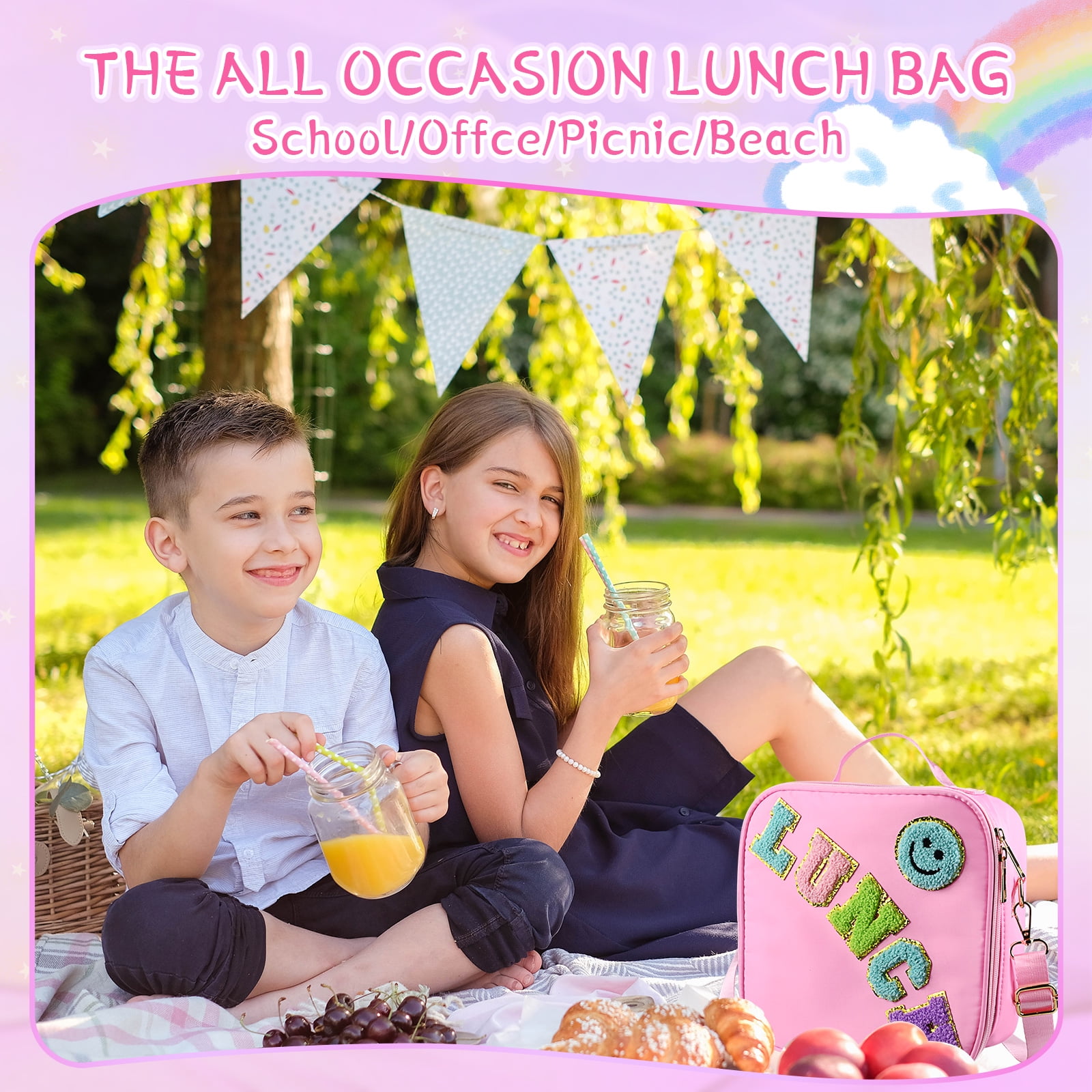 Smiley Nylon Insulated Lunch Bag with Adjustable Shoulder Strap, Preppy Lunch Bag, Reusable School Girls Preppy Lunch Box, Kids Lunchbox, Lunch Box for Women