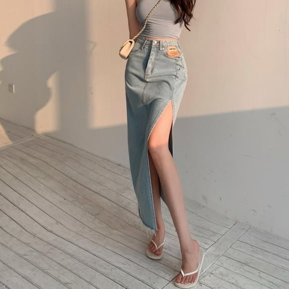 DEEPTOWN Long Denim Skirt Vintage Women Solid High Waist A-LINE Slim Korean Style Jean Slit Midi Skirt Summer Fashion Girl