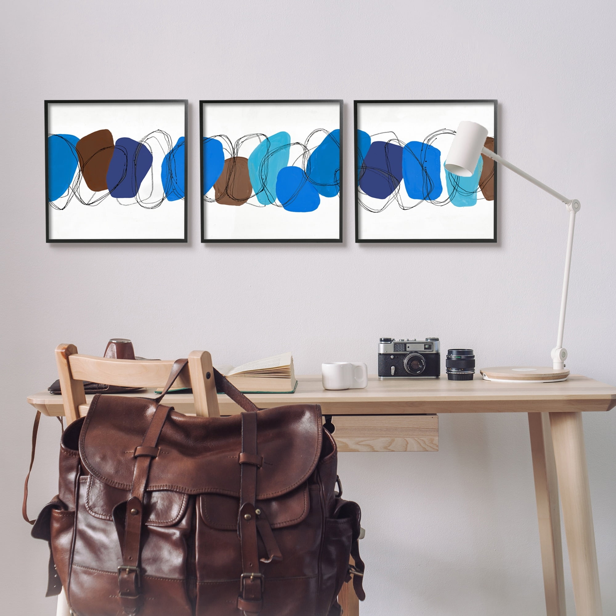 Stupell Industries Modern Oblong Blue Shapes Geometric Abstract Scribble Graphic Art Black Framed Art Print Wall Art, Set of 3, Design by Ruth Fromstein