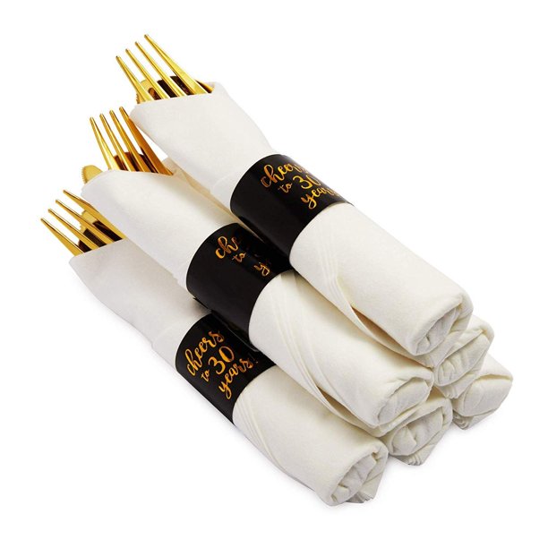 36 Piece 30th Years Birthday Anniversary Pre Rolled Napkin and Gold
