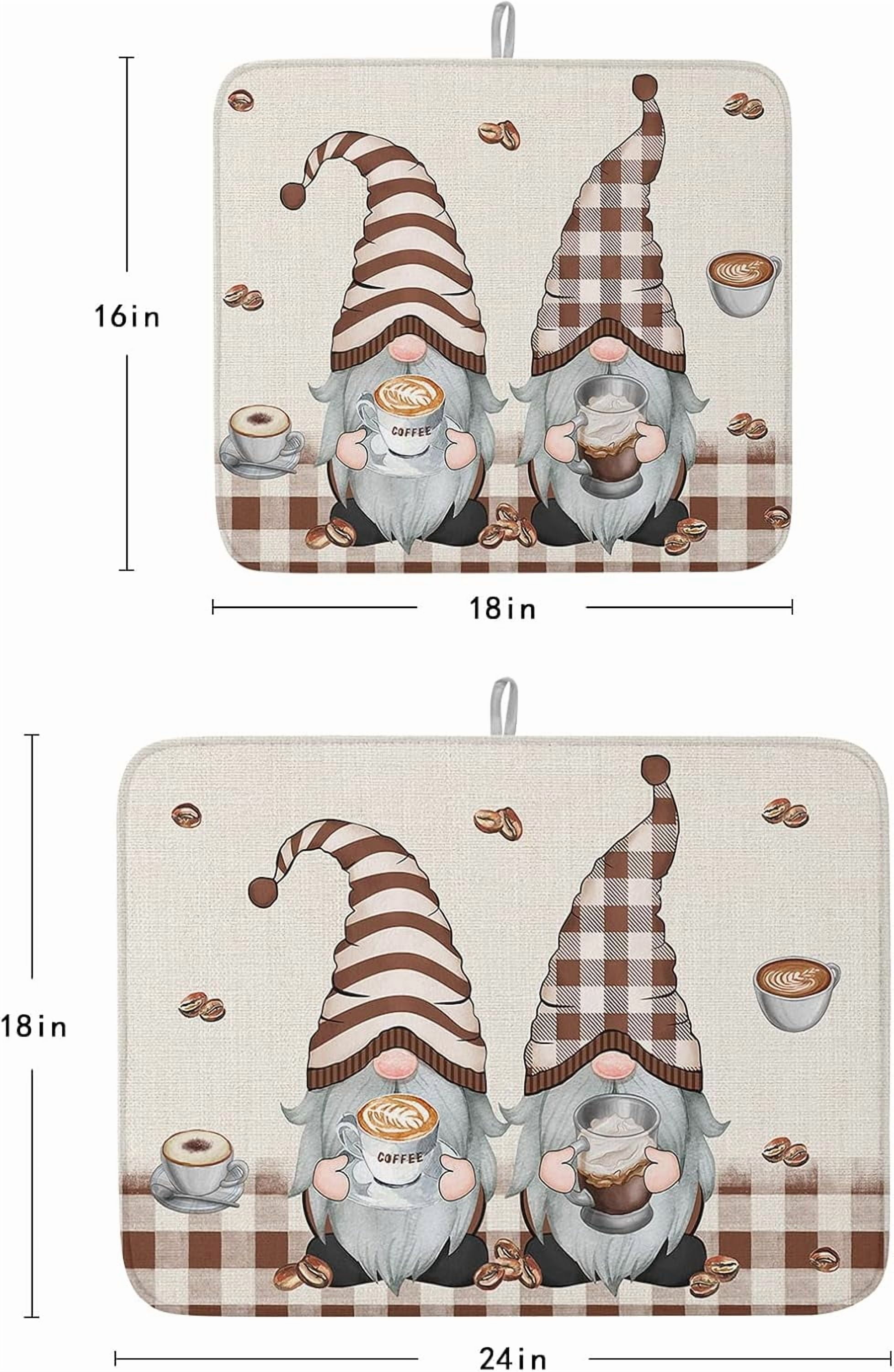 Coffee Gnomes Dish Drying Mat for Kitchen Counter, Retro Brown Plaid Coffee Beans Baby Bottle Microfiber Drying Pad, Absorbent Coffee Cup Dishes Drainer Mats 18"x24", 2 Pcs