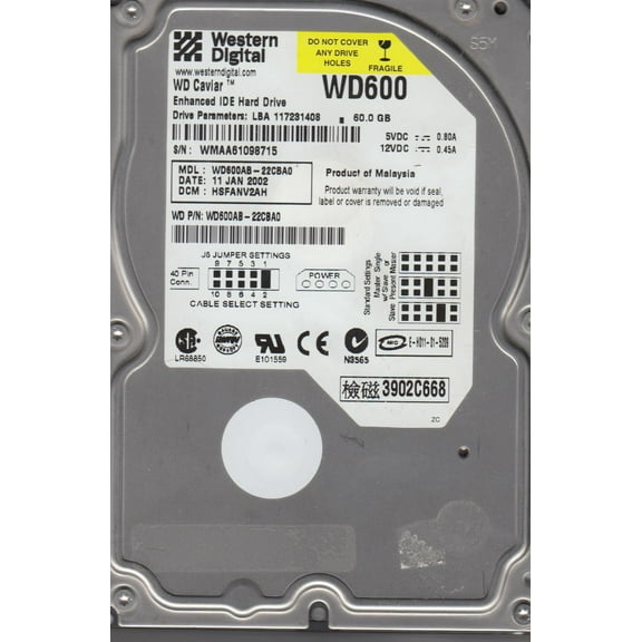 WD600AB-22CBA0, DCM HSFANV2AH, Western Digital 60GB IDE 3.5 Hard Drive