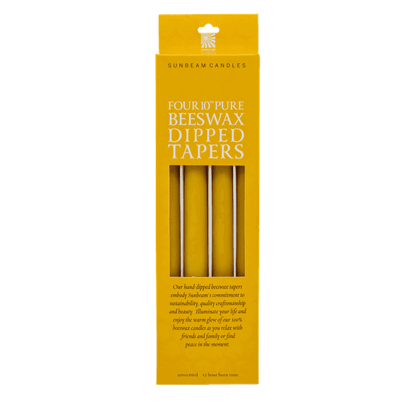 Sunbeam Candles 100% Beeswax 10" Natural Hand-Dipped Tapers | Box of 4 | 12-Hour Burn Time Each | Made in USA