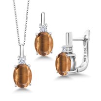 Gem Stone King 4.70 Ct Brown Tiger Eye E-F Lab Grown Diamond 925 Sterling Silver Pendant and Earrings Jewelry Set