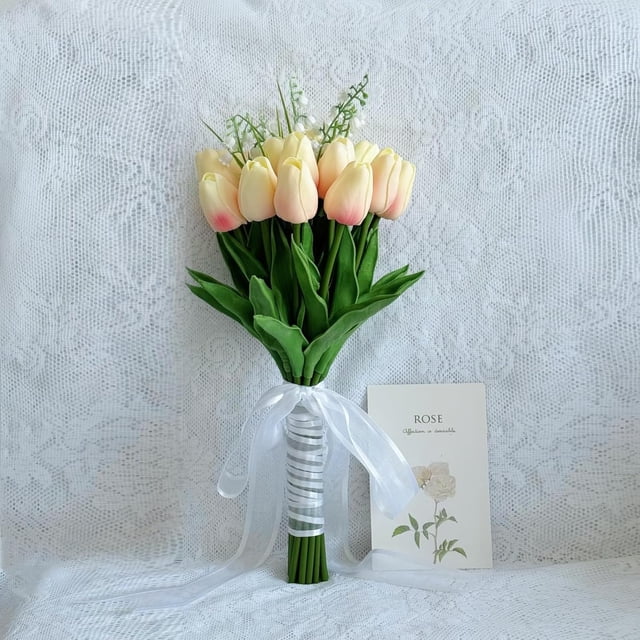 Ramo de tulipán floral artificial, 20 piezas de flores de tulipán artificiales, ramo de dama de honor con ceremonia de boda, festivales, aniversario, boda, ensayo, fiesta, bar, decoración de,Crema