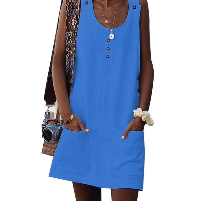 Innerwin Tank Dress Crew Neck Ladies Sundress Summer Button Loose Dresses Blue L