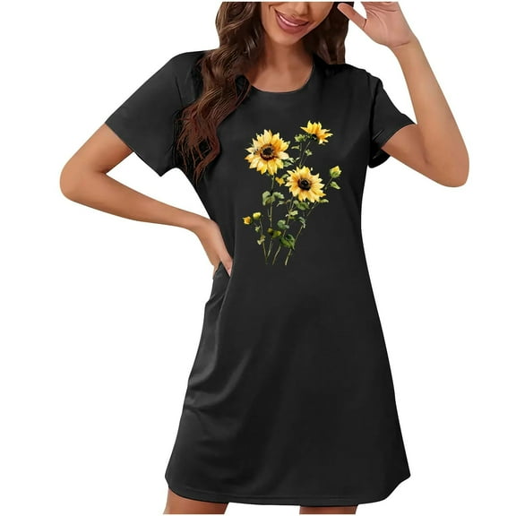 Blmnix Nightgowns for Women Moomoo Sleepwear Short Sleeve Black Crew Neck Sleep Dress