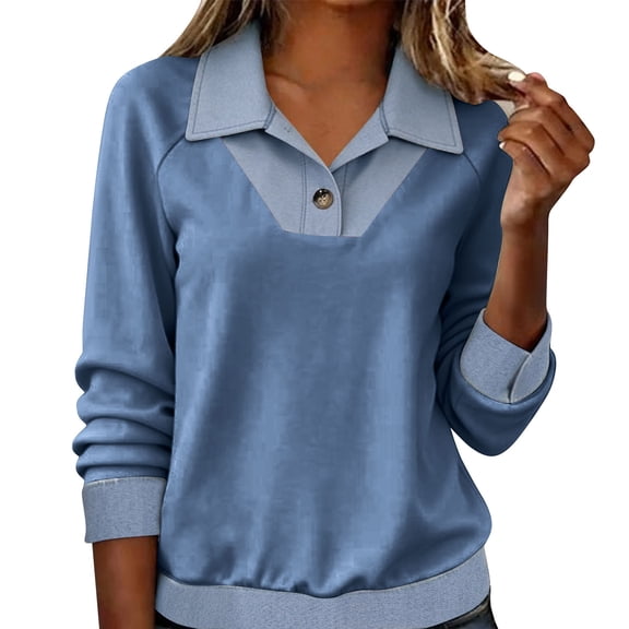 FAVIPT Women's Denim Patchwork Pullover Lapel Button Down Long Sleeve Shirts Plain Casual Dressy Splicing Tops Blue,S