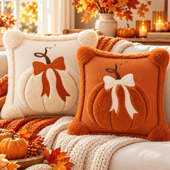 LOMYOLO Fall Pumpkin Pillow Covers 18x18 Inch Set of 2, 3D Plush Bow Pumpkin Throw Pillow Covers, Orange and Cream Halloween Thanksgiving Farmhouse Decor for Couch Sofa Bed