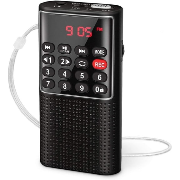 Pocket FM Radio, Mini Pocket Radio with Recorder, MP3 Player with Lock Key, SD Card Player, Battery Operated Travel Small Pocket Radio for Walking, Camping, Black