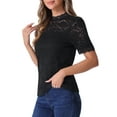 thumbnail image 4 of INSPIRE CHIC Floral Lace Top for Women's Mock Neck Puff Short Sleeve Elegant Lace Blouse Tops M Black, 4 of 6